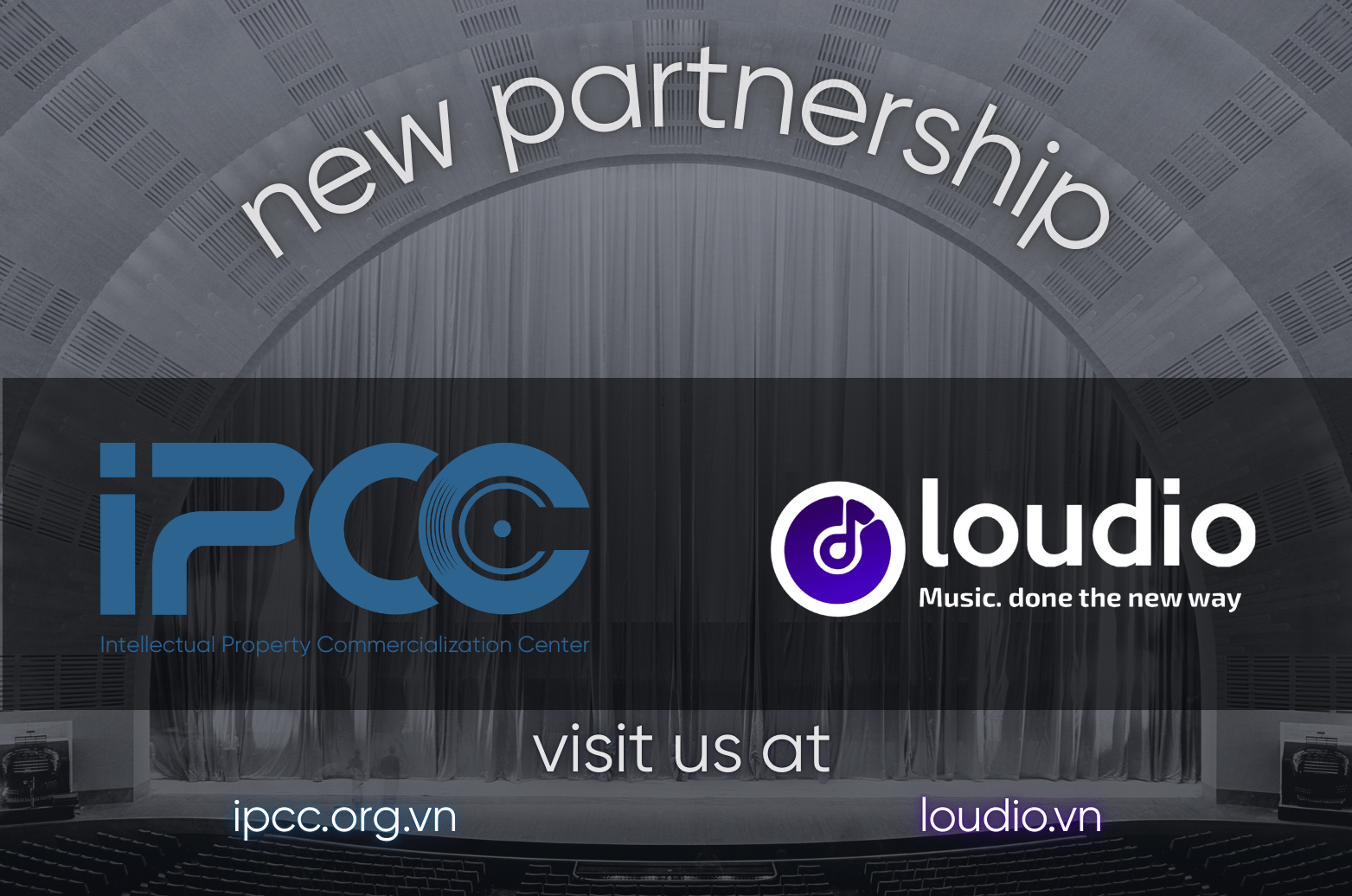 Logo IPCC và Loudio đặt cạnh nhau, biểu trưng cho quan hệ hợp tác cấp phép âm nhạc